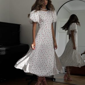 Women's White Floral Puff Sleeve Midi Dress with High Neck & A-Line Skirt